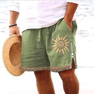 Men's Graphic Sun-Print Board Shorts Cotton Linen by Ouku Sz L Green #71Q